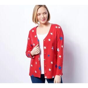 Quacker Factory Button Down Womens L Red Star Print Patriotic Rhinestone Button